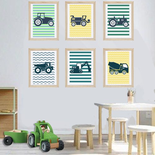 6 affiches enfants avec camions, tracteurs et engins de chantier pour garçon