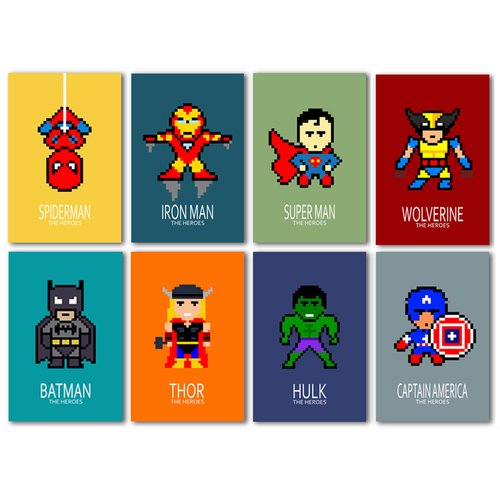 8 affiches des super héros, décoration chambre enfant