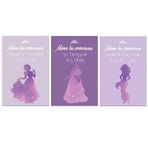 3 affiches fille même les princesses, citation en français, humour et conseil