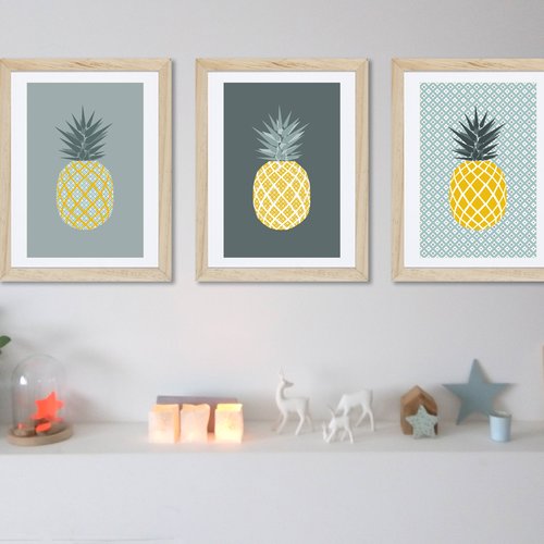 3 affiches ananas dans un scandinave tendance, tropical, exotique