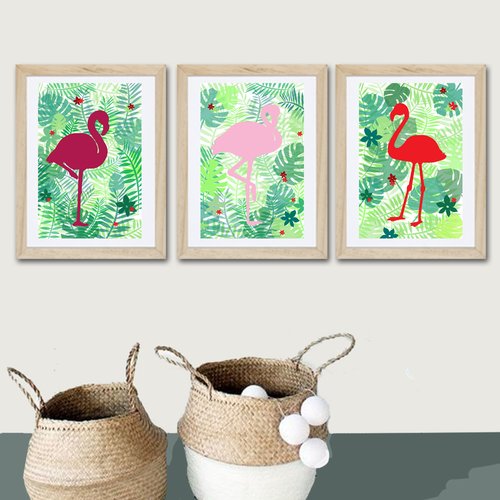 3 affiches de flamants roses, déco exotique , tropical