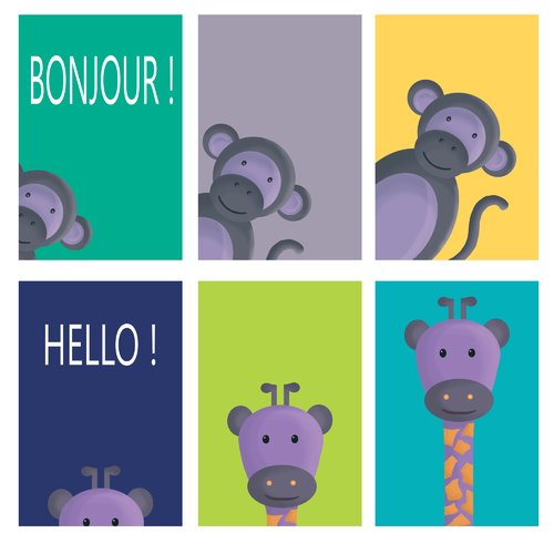 6 affiches enfant, girafe et singe, bleu, vert, jaune, décoration garçon