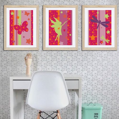 3 affiches fée pour chambre de fille, décoration fuchsia rose