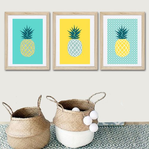 3 affiches ananas, turquoise et jaune, tropical, exotique
