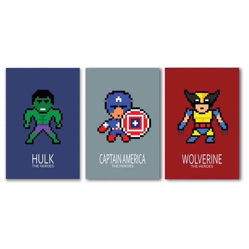 3 affiches superhéros, wolverine, hulk et captain america, décoration garçon, chambre enfant, poster coloré