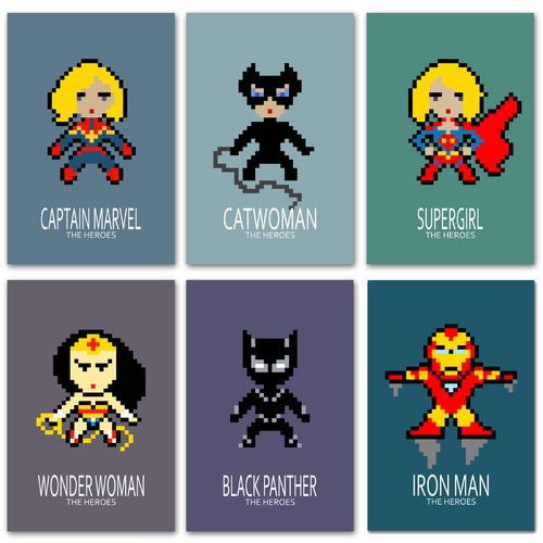 6 affiches superhéros, avec gros pixels, décoration murale, chambre enfant