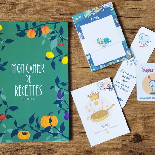 Box cuisine fête des pères, cahier de recettes à compléter + carte + magnets cuisine + bloc-note –