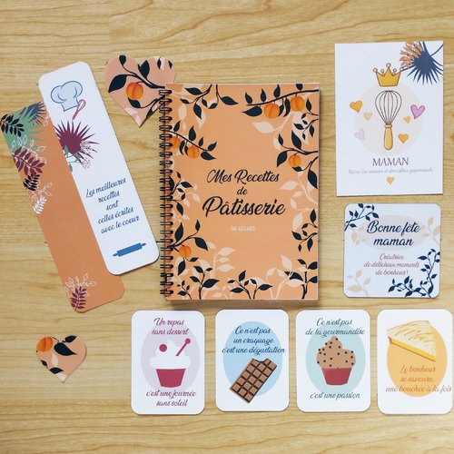Cadeau cuisine fête des mères, cahier de recettes pâtisserie + carte + magnets + marque-page
