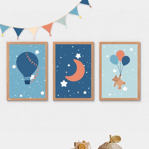 3 affiches enfant montgolfière, lune, nounours, style poétique et couleurs douces