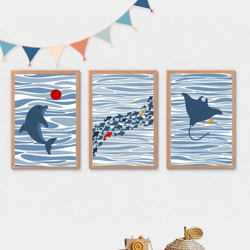 3 affiches enfant poisson, océan, dauphin, raie, décoration chambre enfant, affiches bébé, style minimaliste
