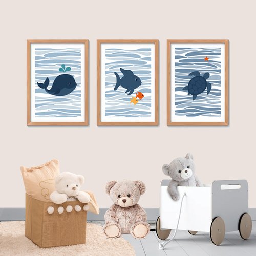 3 affiches enfant poisson, océan, tortue, baleine, décoration chambre enfant, affiches bébé