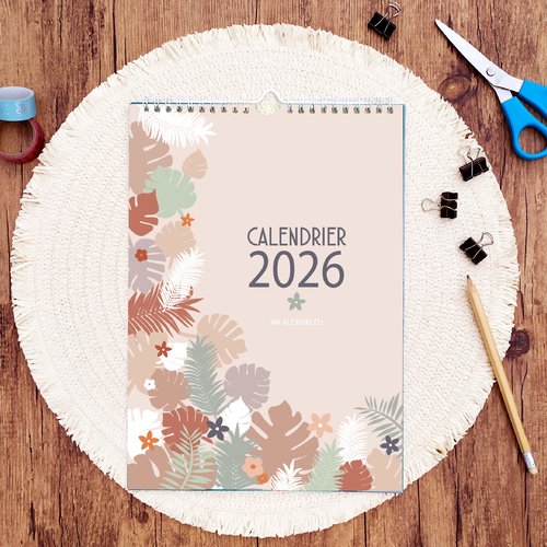 Calendrier 2026 mural, illustré, design, format a4, motif coloré