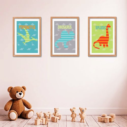 3 affiches dinos colorées pour chambre d'enfant garçon, décoration murale