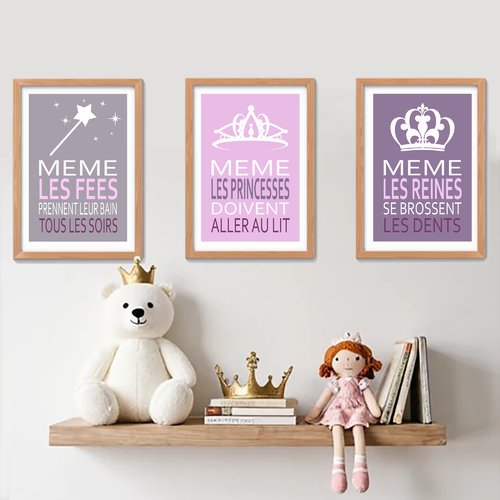 3 affiches citations avec princesse, affiche enfant fille, fée, reine, rose, gris, mauve