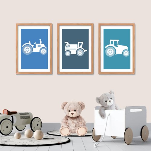 3 affiches ferme et tracteur décoration chambre d'enfant, déclinaison de bleus