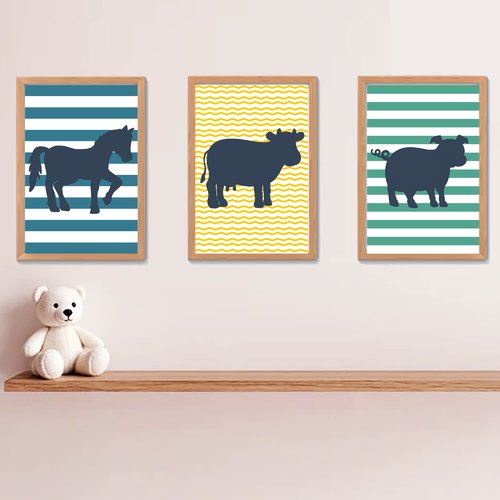 3 affiches animaux de la ferme pour enfant, rayé, cochon, vache, cheval, décoration chambre garçon