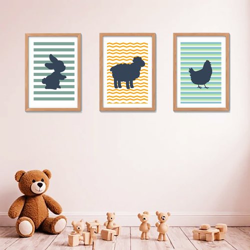 3 affiches animaux  enfant, rayé, poule, mouton, lapin, décoration chambre garçon