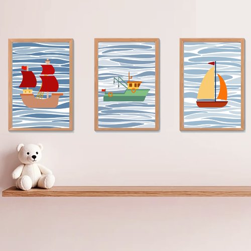 3 affiches enfant avec bateaux, décoration chambre enfant, affiches bébé, style minimaliste