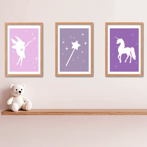 Lot de 3 affiches chambre enfant sur le thème féerique, fée et licorne, couleurs douces rose et violet, cadeau fille