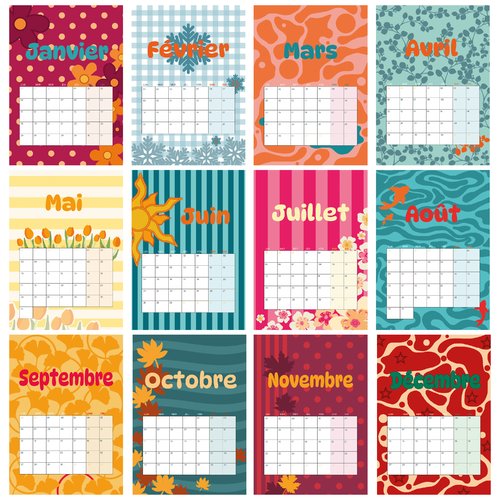 Calendrier mural 2027, illustration colorée, a4, organisation mensuel