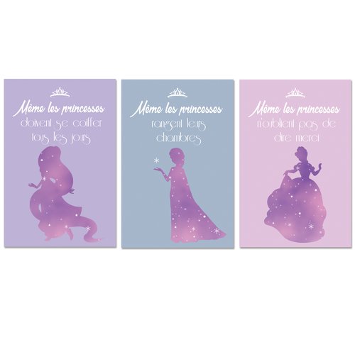 3 affiches même les princesses, décoration fille, citation en français, humour et conseil