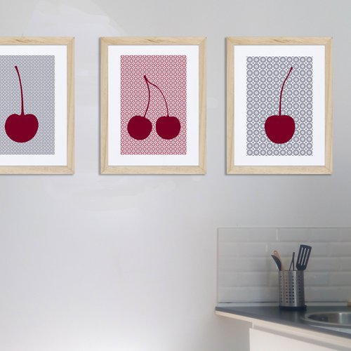 3 affiches cerise, décoration de cuisine, gris rouge, poster fruit