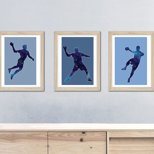 3 affiches de handball, ados, adolescent, décoration garçon, sport, motif galaxie