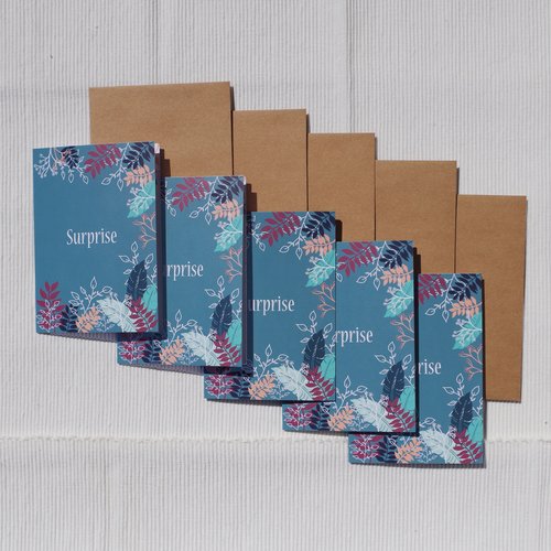 Lot de 5 cartes "surprise", double avec enveloppe, format a6, motif exotique feuillage