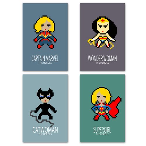 4 affiches super héroïnes, décoration murale chambre de fille