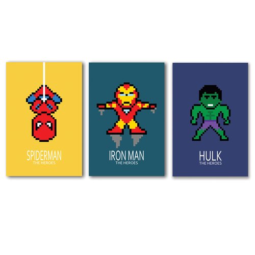 3 affiches superhéros, spiderman, iron man, décoration garçon, chambre enfant, poster coloré