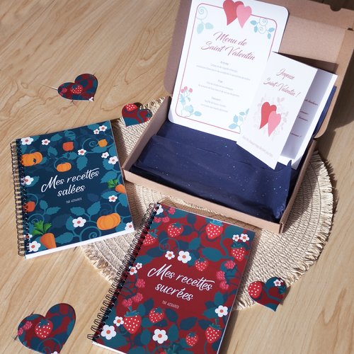 Box saint-valentin gourmande; 2 cahiers de recettes, menu amoureux, carte