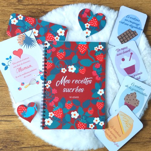 Cadeau fête des mères, cahier de recettes desserts + carte + magnets + marque-page –