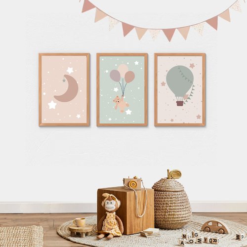 3 affiches enfant montgolfière, lune, nounours, style poétique et couleurs douces