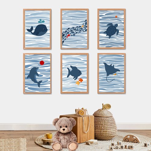 Lot de 6 affiches enfant océan, dauphin, poisson, tortue, baleine,  style minimaliste