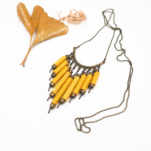 Collier rétro perles de papier artisanal jaune et laiton, bijoux femme, sautoir, collier long,