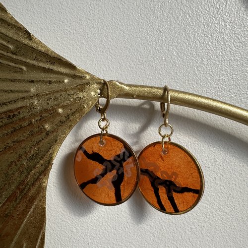 Boucles d’oreilles acier et papier nepalais orange