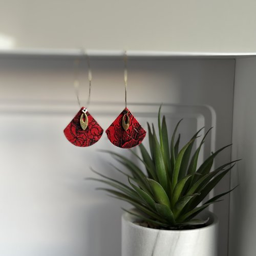 Boucles d'oreille créoles acier inoxydable et papier népalais rouge