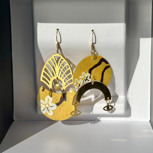 Boucles d’oreilles originales papier nepalais jaune et acier