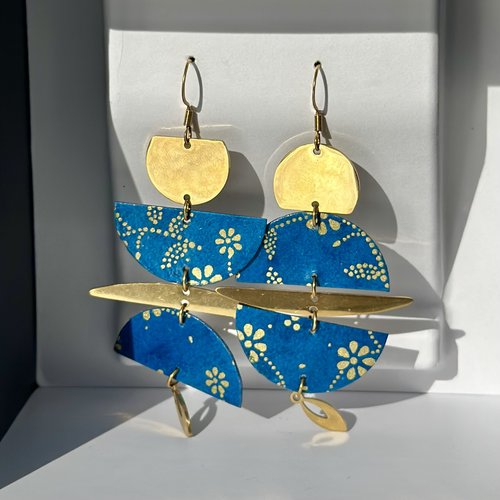 Boucles d’oreilles originales papier népalais bleu et acier