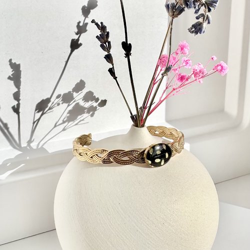 Bracelet acier inoxydable doré décor papier népalais noir