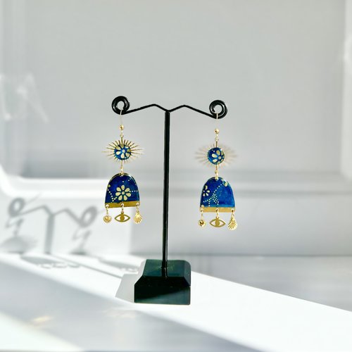 Boucles d’oreilles originales acier et papier népalais bleu