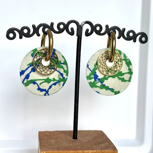 Boucles d'oreilles créoles verte et bleu