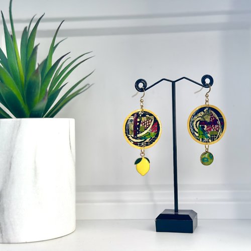 Boucles d'oreilles jaunes originales en papier népalais, en papier récup, zero dechet style mosaïque