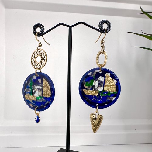 Boucles d'oreilles bleues originales zéro déchet papier népalais