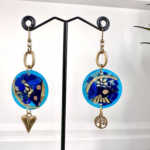 Boucles d'oreilles bleues originales, zéro déchet, en papier népalais