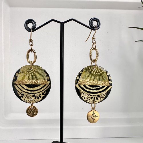 Boucles d'oreilles originales, zéro déchet, noires et dorées en papier népalais