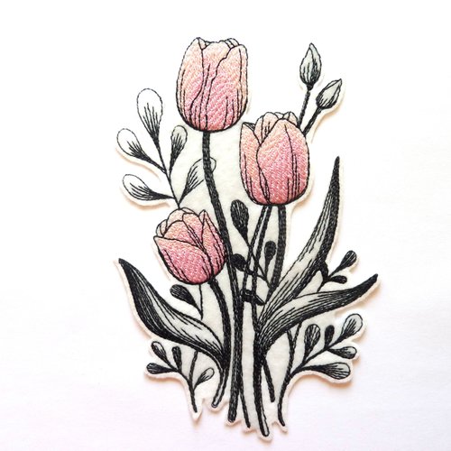 Bouquet de tulipes brodé machine, embroidery patch, patch fleur,fond blanc