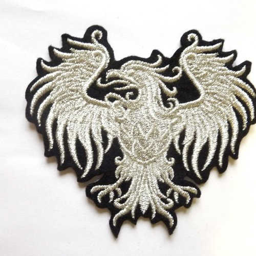 Patch aigle héraldique en fil métallique argent thermocollant, embroidery patch