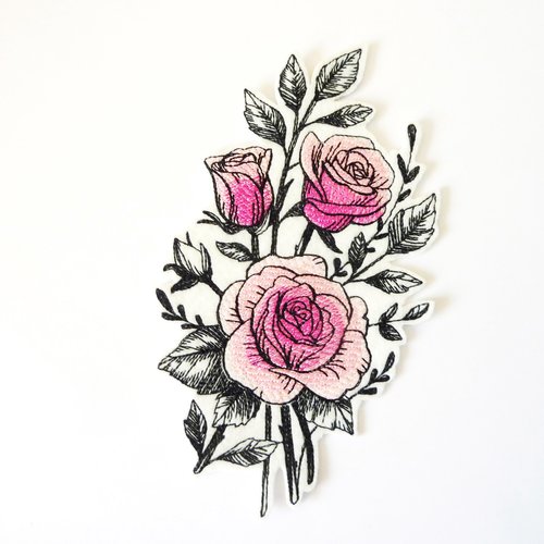 Bouquet de roses brodé machine, embroidery patch, patch fleur,fond blanc,rose