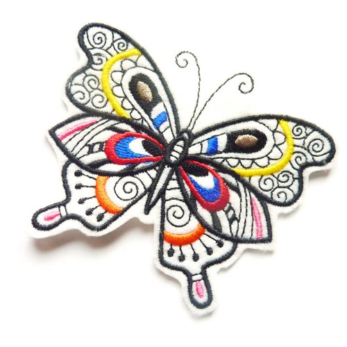 Patch, écusson, broderie thermocollante, thermocollant, papillon doodle multicolore thermocollant, embroidery patch (butterfly)